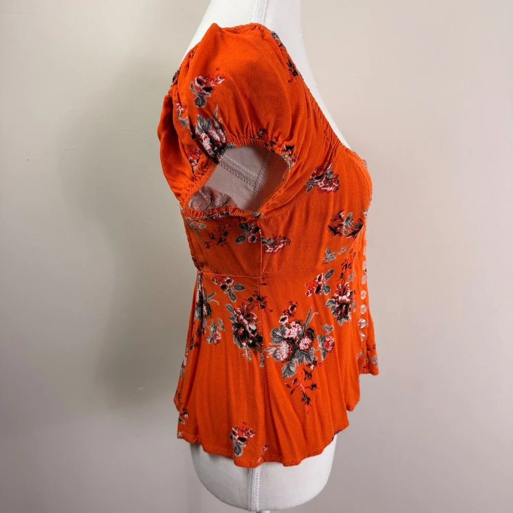 Free People Close To You Orange Floral Puff Sleeve Smocked Peplum Top Small